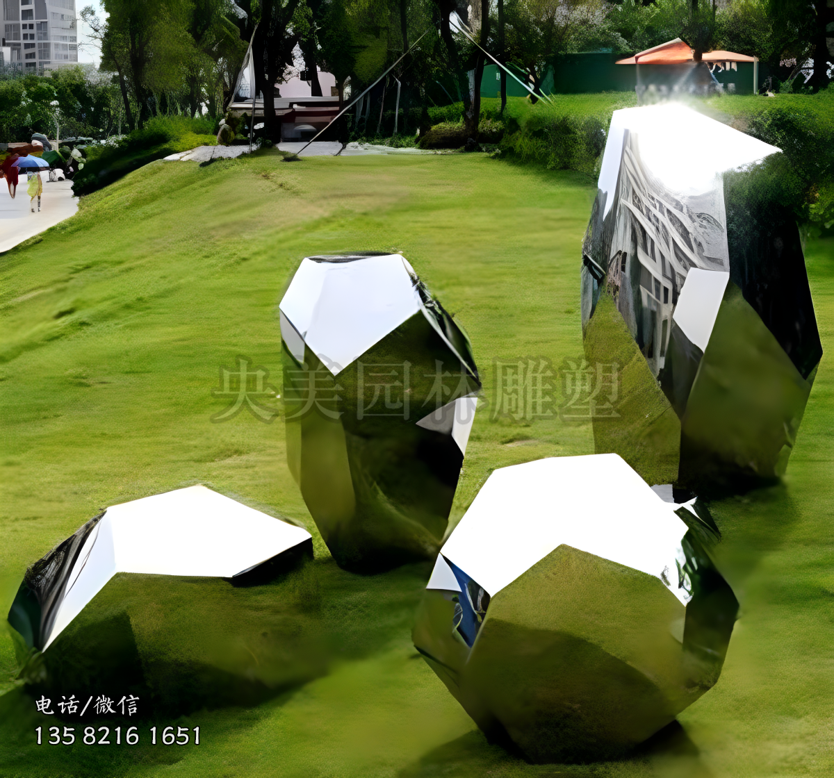 鏡面不銹鋼幾何形石頭雕塑擺件